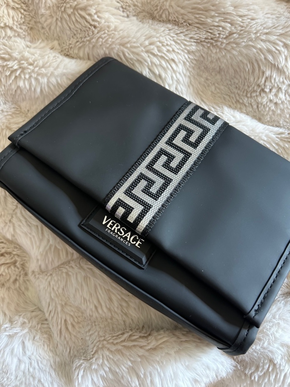 Versace Black Cosmetic Bag with Silver Greek Key Accent